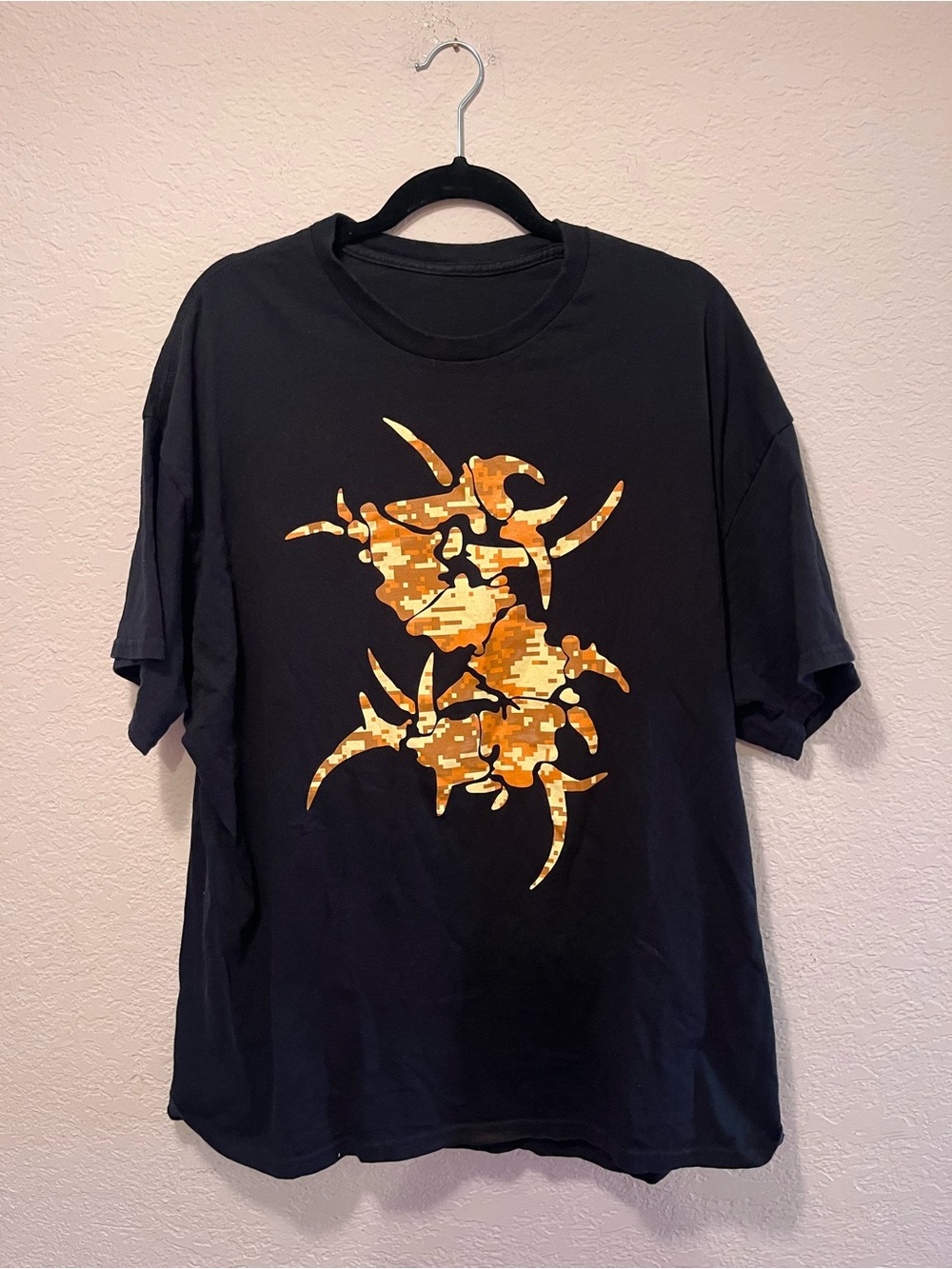 Black Short-Sleeve Tee with Orange Camo Graphic